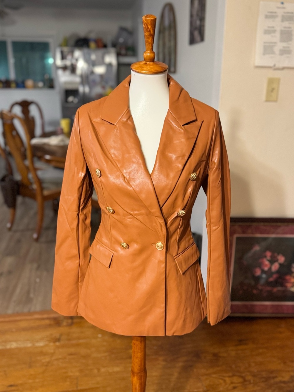 Women's Double-Breasted Tan Faux Leather Blazer Jacket NWT S